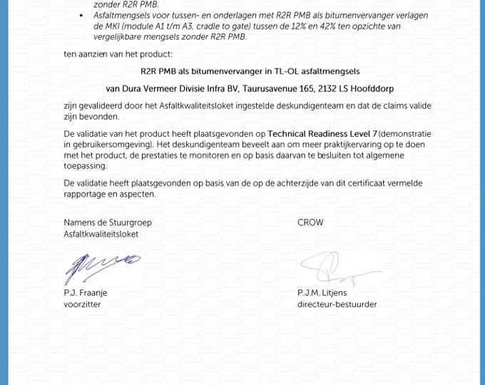 Asfaltkwaliteitsloket certificaat voor Dura Vermeer