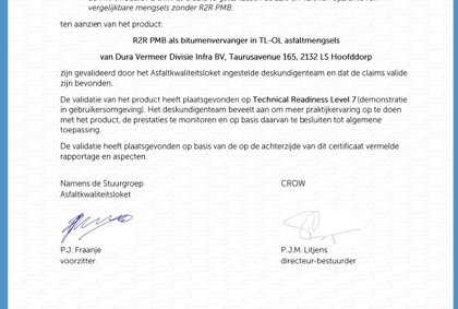 Asfaltkwaliteitsloket certificaat voor Dura Vermeer